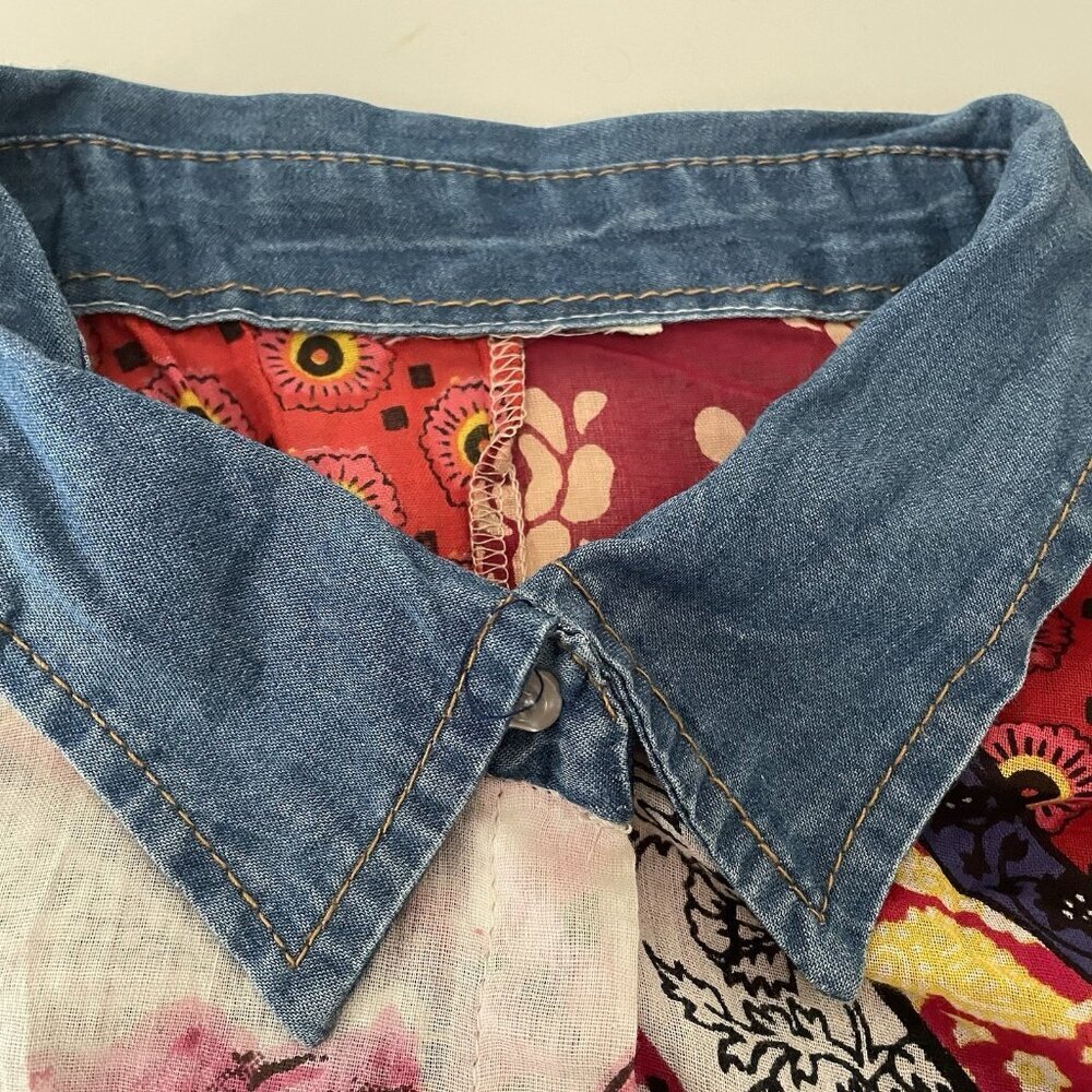 VINTAGE GOA FLORAL PATCHWORK SEMI SHEER COTTON BUTTON UP ROLL TAB TOP Medium - Picture 7 of 11